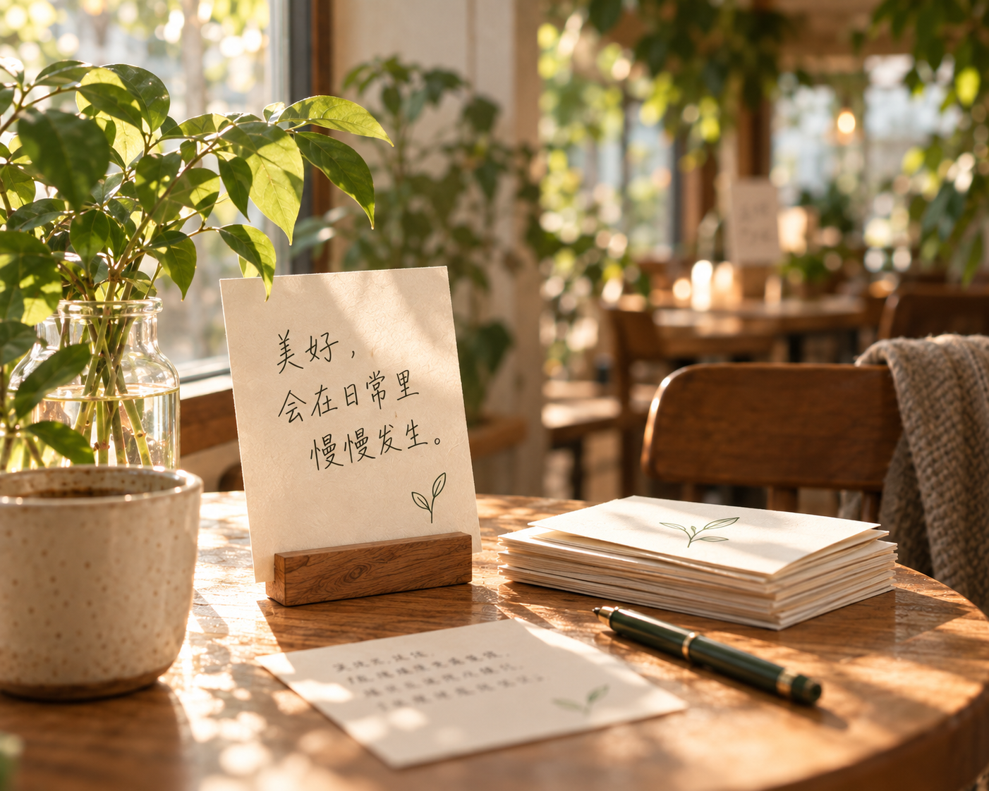 桌面上的植物、笔记本与一张卡片